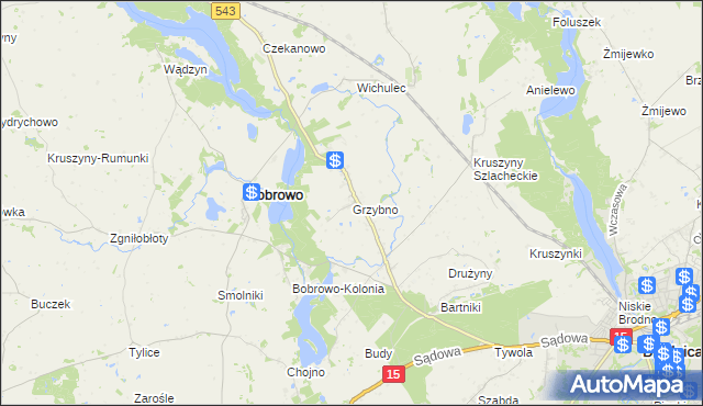 mapa Grzybno gmina Bobrowo, Grzybno gmina Bobrowo na mapie Targeo