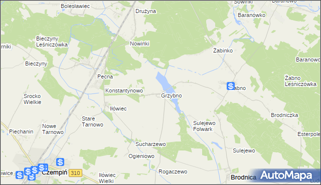 mapa Grzybno gmina Brodnica, Grzybno gmina Brodnica na mapie Targeo