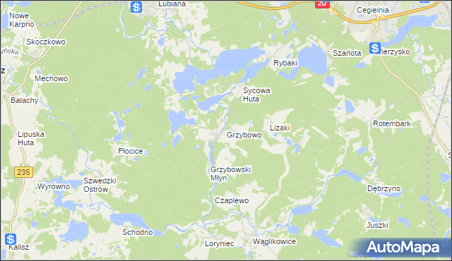 mapa Grzybowo gmina Kościerzyna, Grzybowo gmina Kościerzyna na mapie Targeo
