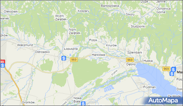 mapa Harklowa gmina Nowy Targ, Harklowa gmina Nowy Targ na mapie Targeo