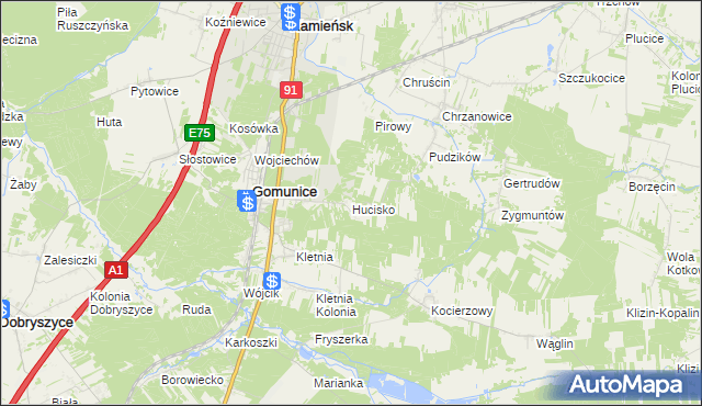 mapa Hucisko gmina Gomunice, Hucisko gmina Gomunice na mapie Targeo