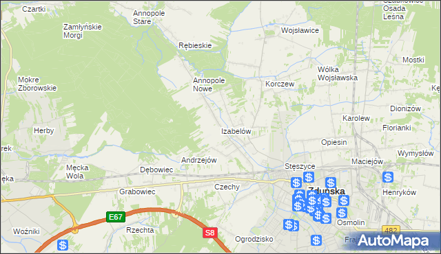 mapa Izabelów gmina Zduńska Wola, Izabelów gmina Zduńska Wola na mapie Targeo