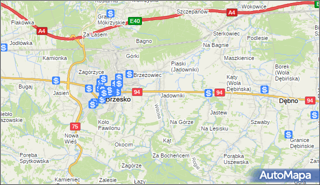 mapa Jadowniki gmina Brzesko, Jadowniki gmina Brzesko na mapie Targeo