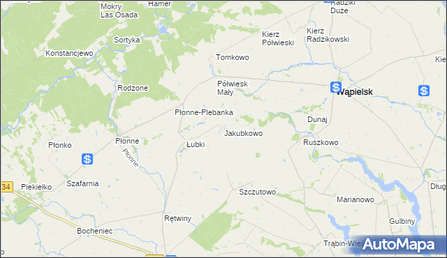 mapa Jakubkowo gmina Radomin, Jakubkowo gmina Radomin na mapie Targeo