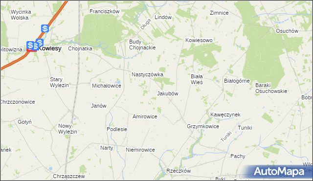 mapa Jakubów gmina Kowiesy, Jakubów gmina Kowiesy na mapie Targeo