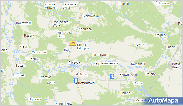 mapa Jakubowice gmina Kluczewsko, Jakubowice gmina Kluczewsko na mapie Targeo