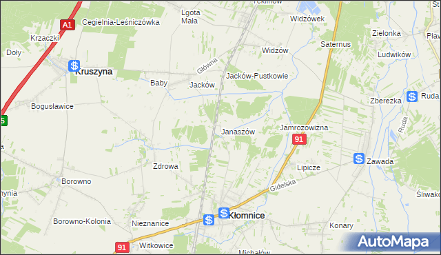 mapa Janaszów gmina Kłomnice, Janaszów gmina Kłomnice na mapie Targeo