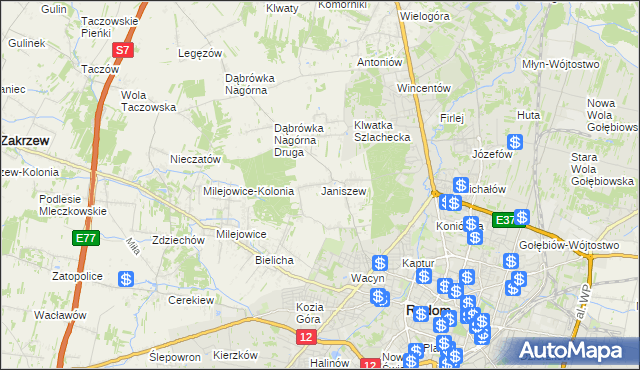 mapa Janiszew gmina Zakrzew, Janiszew gmina Zakrzew na mapie Targeo