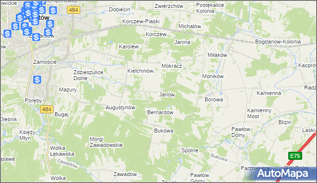 mapa Janów gmina Bełchatów, Janów gmina Bełchatów na mapie Targeo