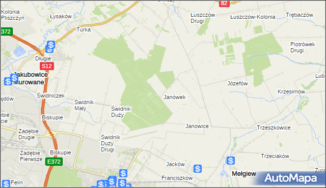 mapa Janówek gmina Mełgiew, Janówek gmina Mełgiew na mapie Targeo