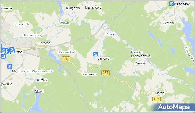 mapa Janowo gmina Pszczew, Janowo gmina Pszczew na mapie Targeo