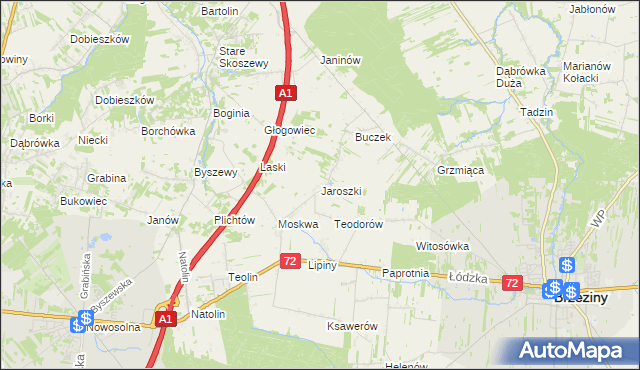 mapa Jaroszki gmina Brzeziny, Jaroszki gmina Brzeziny na mapie Targeo