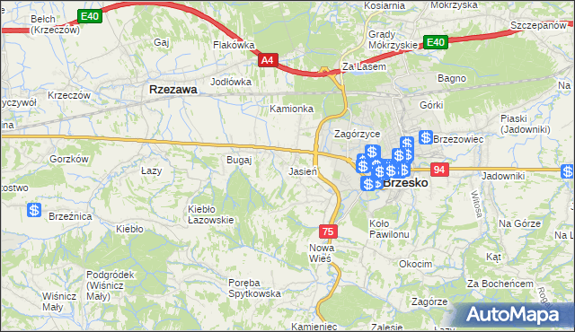 mapa Jasień gmina Brzesko, Jasień gmina Brzesko na mapie Targeo