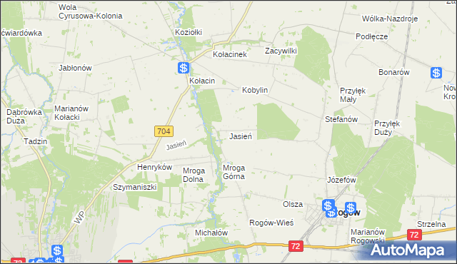mapa Jasień gmina Rogów, Jasień gmina Rogów na mapie Targeo