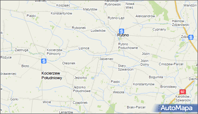 mapa Jasieniec gmina Rybno, Jasieniec gmina Rybno na mapie Targeo