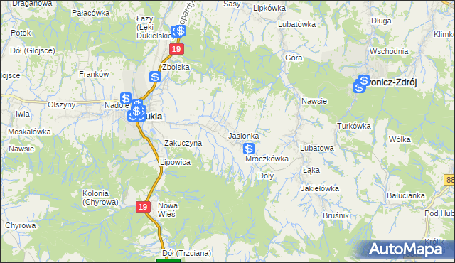 mapa Jasionka gmina Dukla, Jasionka gmina Dukla na mapie Targeo