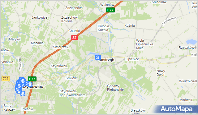 mapa Jastrząb powiat szydłowiecki, Jastrząb powiat szydłowiecki na mapie Targeo