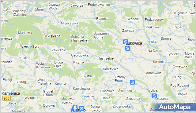 mapa Jastrzębie gmina Łukowica, Jastrzębie gmina Łukowica na mapie Targeo