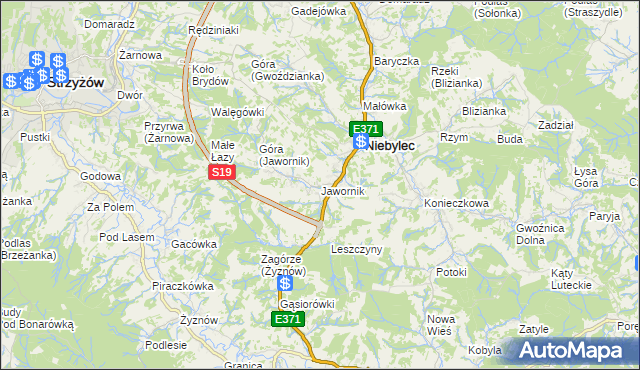 mapa Jawornik gmina Niebylec, Jawornik gmina Niebylec na mapie Targeo