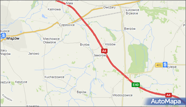 mapa Jaworów gmina Wiązów, Jaworów gmina Wiązów na mapie Targeo