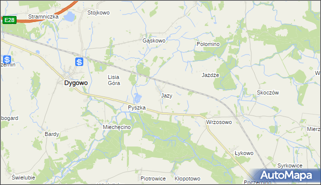 mapa Jazy gmina Dygowo, Jazy gmina Dygowo na mapie Targeo
