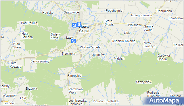 mapa Jeleniów gmina Nowa Słupia, Jeleniów gmina Nowa Słupia na mapie Targeo