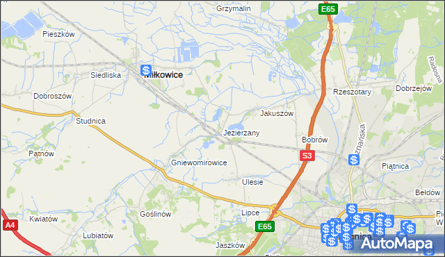 mapa Jezierzany gmina Miłkowice, Jezierzany gmina Miłkowice na mapie Targeo