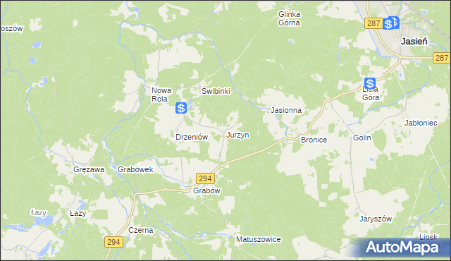 mapa Jurzyn gmina Jasień, Jurzyn gmina Jasień na mapie Targeo