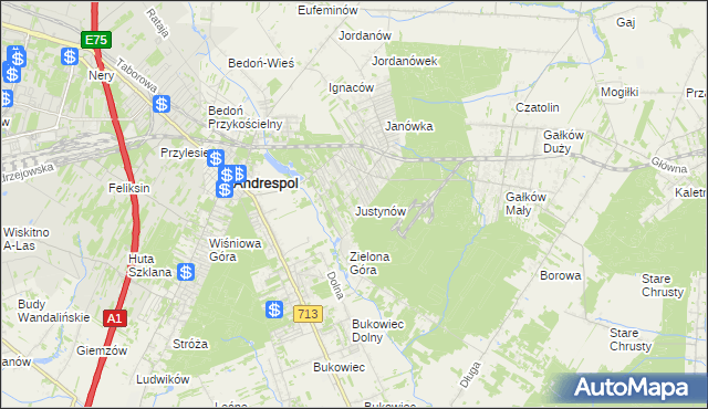 mapa Justynów gmina Andrespol, Justynów gmina Andrespol na mapie Targeo