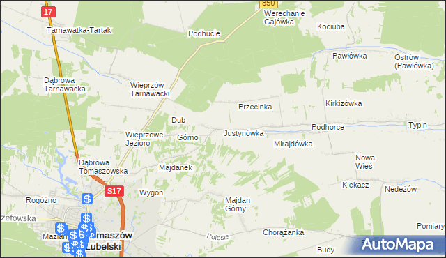 mapa Justynówka gmina Tomaszów Lubelski, Justynówka gmina Tomaszów Lubelski na mapie Targeo
