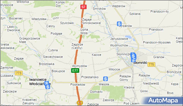 mapa Kacice gmina Słomniki, Kacice gmina Słomniki na mapie Targeo