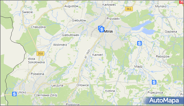 mapa Kamień gmina Mirsk, Kamień gmina Mirsk na mapie Targeo