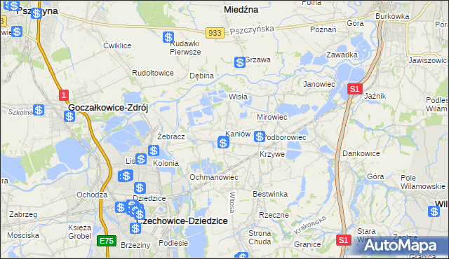 mapa Kaniów gmina Bestwina, Kaniów gmina Bestwina na mapie Targeo