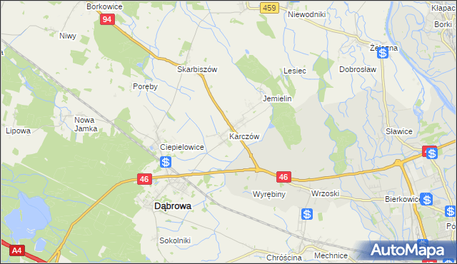 mapa Karczów gmina Dąbrowa, Karczów gmina Dąbrowa na mapie Targeo