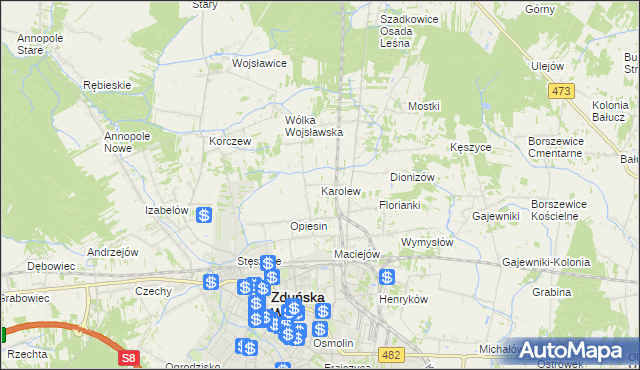 mapa Karolew gmina Zduńska Wola, Karolew gmina Zduńska Wola na mapie Targeo
