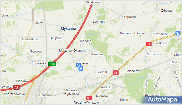 mapa Karolina gmina Rędziny, Karolina gmina Rędziny na mapie Targeo