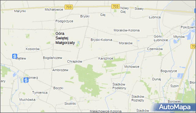 mapa Karsznice gmina Góra Świętej Małgorzaty, Karsznice gmina Góra Świętej Małgorzaty na mapie Targeo