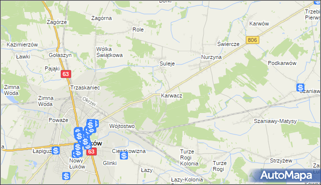mapa Karwacz gmina Łuków, Karwacz gmina Łuków na mapie Targeo