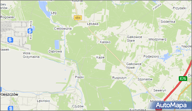 mapa Kąsie gmina Bełchatów, Kąsie gmina Bełchatów na mapie Targeo