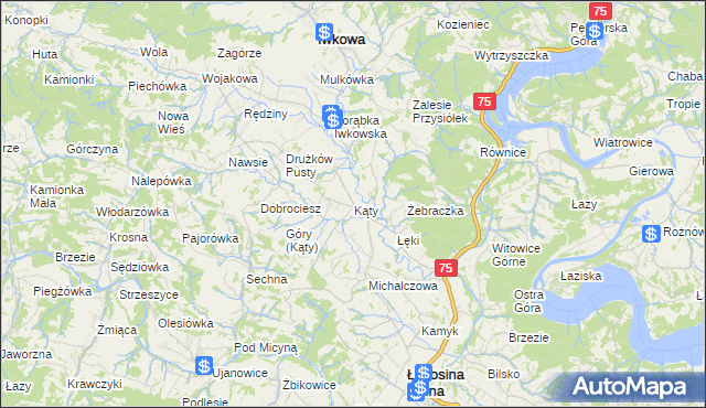 mapa Kąty gmina Iwkowa, Kąty gmina Iwkowa na mapie Targeo
