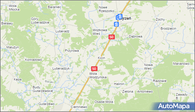 mapa Kicin gmina Ojrzeń, Kicin gmina Ojrzeń na mapie Targeo