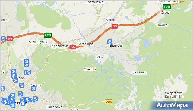 mapa Kłos gmina Sianów, Kłos gmina Sianów na mapie Targeo