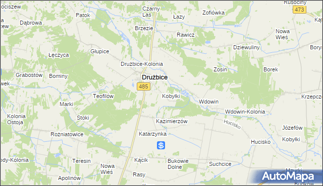 mapa Kobyłki gmina Drużbice, Kobyłki gmina Drużbice na mapie Targeo