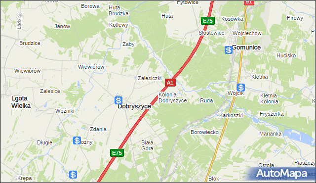 mapa Kolonia Dobryszyce, Kolonia Dobryszyce na mapie Targeo