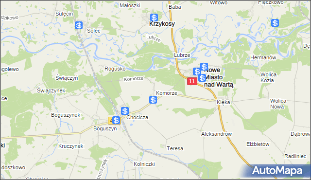 mapa Komorze gmina Nowe Miasto nad Wartą, Komorze gmina Nowe Miasto nad Wartą na mapie Targeo