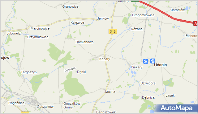 mapa Konary gmina Udanin, Konary gmina Udanin na mapie Targeo