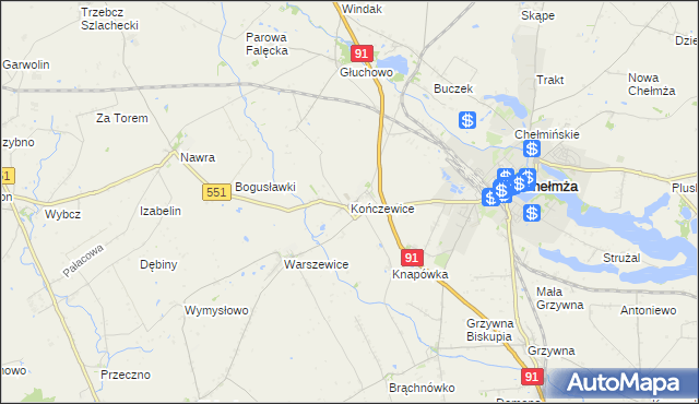 mapa Kończewice gmina Chełmża, Kończewice gmina Chełmża na mapie Targeo