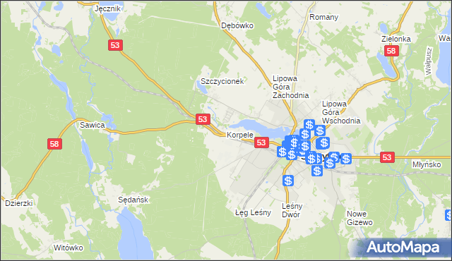 mapa Korpele, Korpele na mapie Targeo