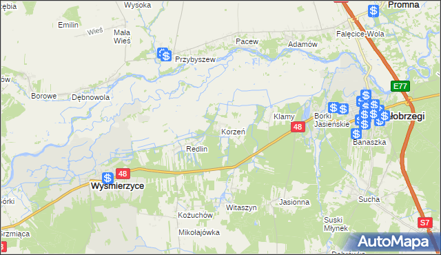 mapa Korzeń gmina Wyśmierzyce, Korzeń gmina Wyśmierzyce na mapie Targeo