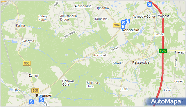 mapa Korzonek gmina Konopiska, Korzonek gmina Konopiska na mapie Targeo